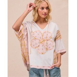 "The Jewel" Floral Plaid Flower Patch Oversized Hoodie Top New Size Small